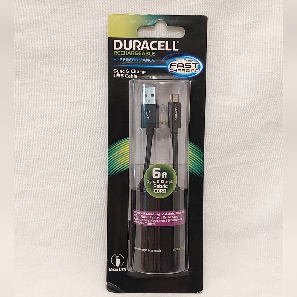 New Duracell Fast Charger Black Sync and Charge 6' USB Cable USB to Micro USB